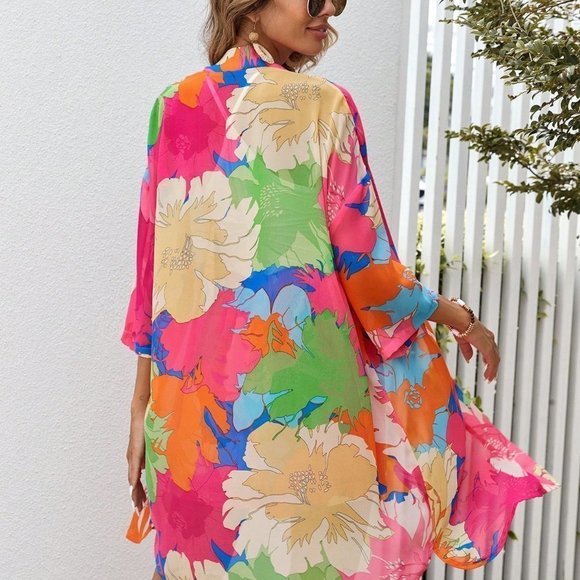 Multicolor Vacation Style Womens Floral Print Kimono & Tie Front Shorts - Picture 3 of 6